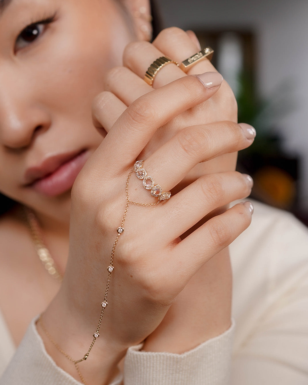 14K Gold Pear Shape Diamond Hand Chain - Zoe Lev Jewelry