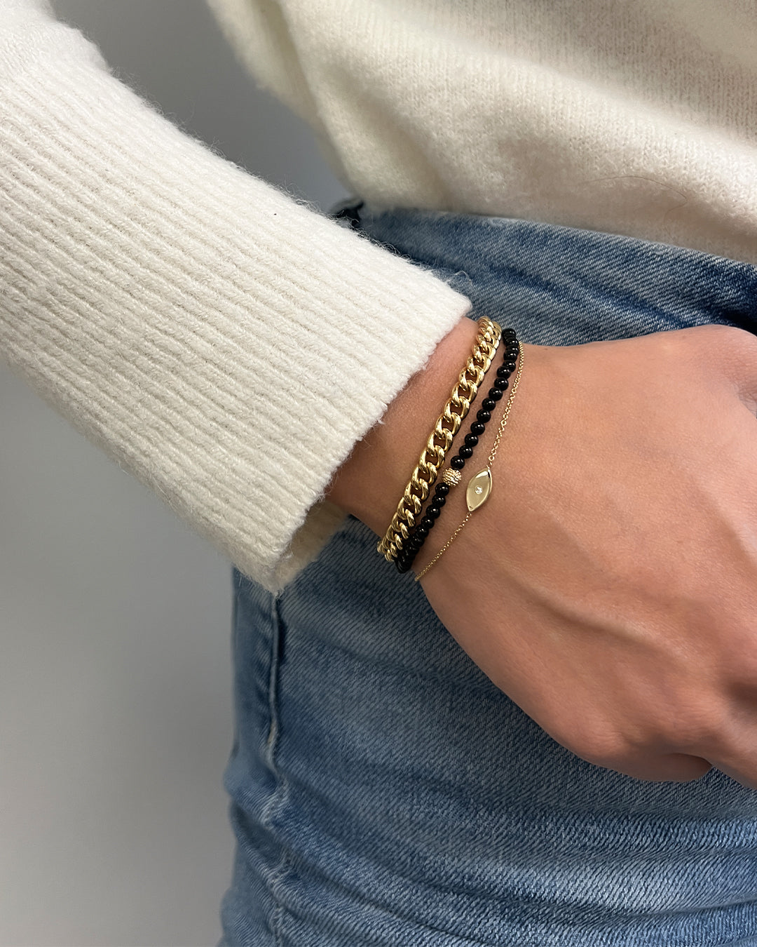 3mm Black Onyx Bead Bracelet with Diamond Bead Bead Bracelets Zoe Lev Jewelry