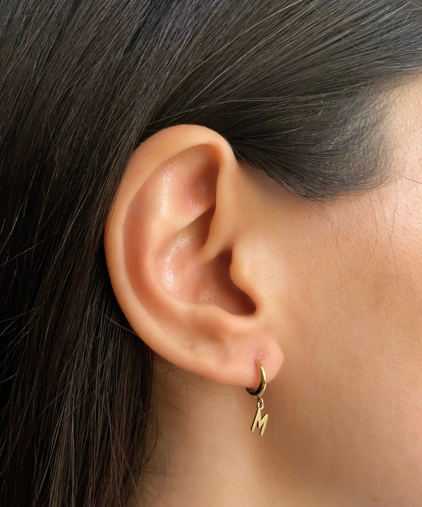 14k Yellow Gold Mini Huggie Earring with Initial 'M' SAMPLE SALE Zoe Lev Jewelry