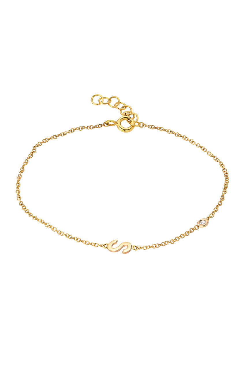 14k Gold Initial &amp; Bezel Diamond Bracelet