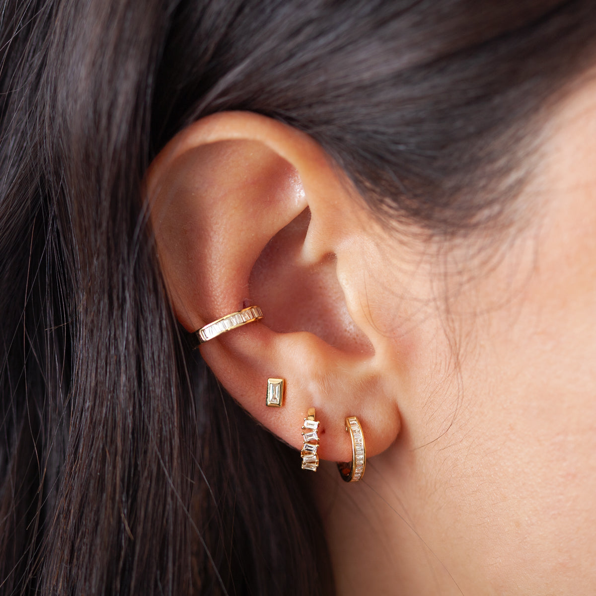 Pentagon Shaped Hoop Earrings with Baguette Diamonds