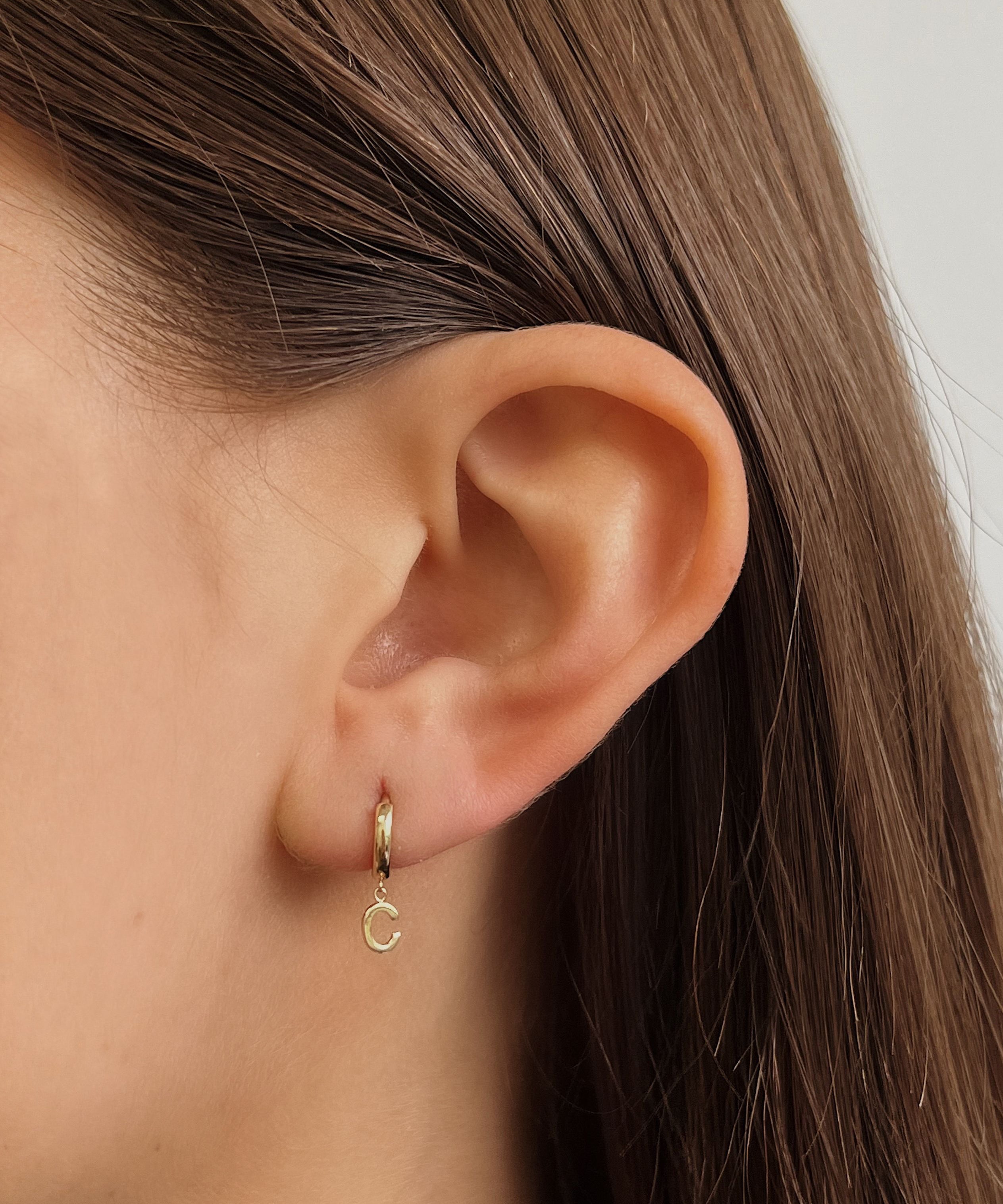 14k Yellow Gold Mini Huggie Earring with Initial 'C' SAMPLE SALE Zoe Lev Jewelry