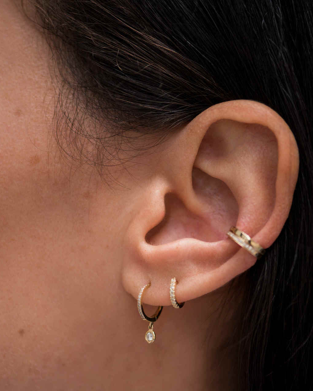 14k Gold Diamond Huggies with Drop Bezel Diamond Hoops & Huggies Zoe Lev Jewelry